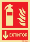 Señal de equipo de lucha contra incendio con el pictograma y texto de extintor y flecha vertical hacia bajo