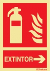 Señal de equipo de lucha contra incendio con el pictograma y texto de extintor y flecha horizontal a la derecha
