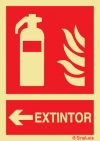 Señal de equipo de lucha contra incendio con el pictograma y texto de extintor y flecha horizontal a la izquierda