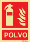 Señal de equipo de lucha contra incendio con el pictograma y texto de extintor de polvo