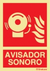 Señal de equipo de alarma o alerta contra incendio con el pictograma de sirena de alarma y el texto AVISADOR SONORO