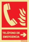 Señal de equipo de alarma o alerta contra incendio con el pictograma x texto de teléfono de emergencia y flecha horizontal a la derecha