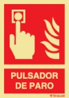 Señal de equipo de alarma o alerta contra incendio con el pictograma de pulsador de alarma y el texto PULSADOR DE PARO
