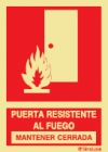 Señal de equipo de lucha contra incendio con el pictograma y texto de puerta resistente al fuego