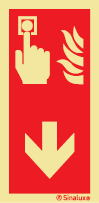 Señal de equipo de lucha contra incendio con el pictograma de pulsador de alarma y flecha vertical hacia bajo