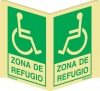 Señal panorámica a dos caras de evacuación con el pictograma de persona con discapacidad y el texto ZONA DE REFUGIO