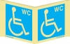 Señal panorámica a dos caras de información con el texto WC para personas con discapacidad