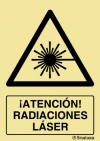 Señal de peligro con el pictograma y texto de radiaciones laser