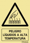 Señal de peligro con el pictograma y texto de líquidos a alta temperatura
