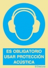 Señal de obligación con el pictograma y texto de obligatorio el uso de protección acústica
