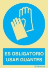 Señal de obligación con el pictograma y texto de obligatorio el uso de guantes