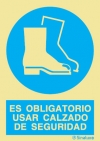 Señal de obligación con el pictograma y texto de obligatorio el uso de calzado de seguridad