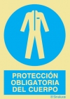 Señal de obligación con el pictograma y texto de obligatorio el uso de protección del cuerpo