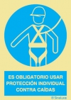 Señal de obligación con el pictograma y texto de obligatorio el uso de protección individual contra caídas