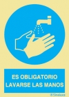 Señal de obligación con el pictograma y texto de obligatorio lavar las manos