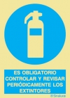 Señal de obligación con el pictograma y texto de obligatorio controlar y revisar periódicamente los extintores