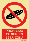Señal de prohibición con el pictograma y texto de prohibido comer en esta zona