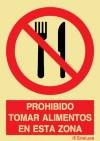 Señal de prohibición con el pictograma y texto de prohibido tomar alimentos en esta zona