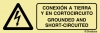 Señal en vinilo autoadhesivo de peligro con el pictograma y texto en dos lenguas de CONEXIÓN A TIERRA Y EN CORTOCIRCUITO