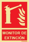 Señal de equipo de lucha contra incendio con el pictograma y texto de monitor de extinción