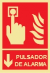 Señal de equipo de alarma o alerta contra incendio con el pictograma y texto de pulsador de alarma y flecha vertical hacia bajo