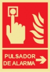 Señal de equipo de alarma o alerta contra incendio con el pictograma y texto de pulsador de alarma y flecha horizontal a la derecha