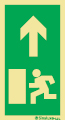 Señal fotoluminiscente, autoadhesiva, antideslizante y antidesgaste para balizamientos en el suelo y escaleras con el pictograma de evacuación a la izquierda y flecha vertical