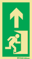 Señal fotoluminiscente, autoadhesiva, antideslizante y antidesgaste para balizamientos en el suelo y escaleras con el pictograma de evacuación a la derecha y flecha vertical