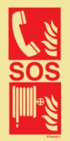 Señal fotoluminiscente en aluminio de equipo de alarma y lucha contra incendio para túneles con el doble pictograma de teléfono de emergencia y boca de incendio equipada y el texto SOS