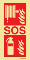 Señal fotoluminiscente en aluminio de equipo de alarma y lucha contra incendio para túneles con el doble pictograma de boca de incendio equipada y extintor y el texto SOS