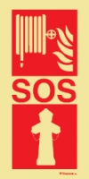 Señal fotoluminiscente en aluminio de equipo de alarma y lucha contra incendio para túneles con el doble pictograma de boca de incendio equipada y hidrante y el texto SOS