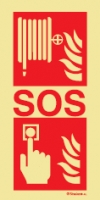 Señal fotoluminiscente en aluminio de equipo de alarma y lucha contra incendio para túneles con el doble pictograma de boca de incendio equipada y pulsador de alarma y el texto SOS