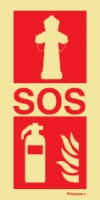 Señal fotoluminiscente en aluminio de equipo de alarma y lucha contra incendio para túneles con el doble pictograma de hidrante y extintor y el texto SOS