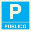 Señal reflectoluminiscente para aparcamientos con el pictograma de parking y el texto PÚBLICO