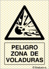 Señal reflectoluminiscente de peligro para minas con el pictograma y texto de zona de voladuras