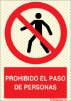 Señal reflectoluminiscente de prohibición para minas con el pictograma y texto de prohibido el paso de personas