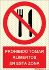 Señal reflectoluminiscente de prohibición para minas con el pictograma y texto de prohibido tomar alimentos en esta zona