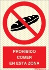 Señal reflectoluminiscente de prohibición para minas con el pictograma y texto de prohibido comer en esta zona