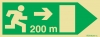 Señal fotoluminiscente en aluminio de evacuación para túneles con el pictograma de dirección de evacuación a la derecha y los metros necesarios para recorrer hasta la salida - 200m