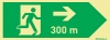 Señal fotoluminiscente en aluminio de evacuación según la norma ISO 7010 para túneles con el pictograma de dirección de evacuación a la derecha y los metros necesarios para recorrer hasta la salida - 300m