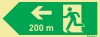 Señal fotoluminiscente en aluminio de evacuación según la norma ISO 7010 para túneles con el pictograma de dirección de evacuación a la izquierda y los metros necesarios para recorrer hasta la salida - 200m