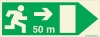 Señal reflectoluminiscente de evacuación para túneles con el pictograma de dirección de evacuación a la derecha y los metros necesarios para recorrer hasta la salida - 50m