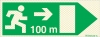 Señal reflectoluminiscente de evacuación para túneles con el pictograma de dirección de evacuación a la derecha y los metros necesarios para recorrer hasta la salida - 100m
