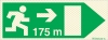 Señal reflectoluminiscente de evacuación para túneles con el pictograma de dirección de evacuación a la derecha y los metros necesarios para recorrer hasta la salida - 175m