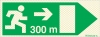 Señal reflectoluminiscente de evacuación para túneles con el pictograma de dirección de evacuación a la derecha y los metros necesarios para recorrer hasta la salida - 300m